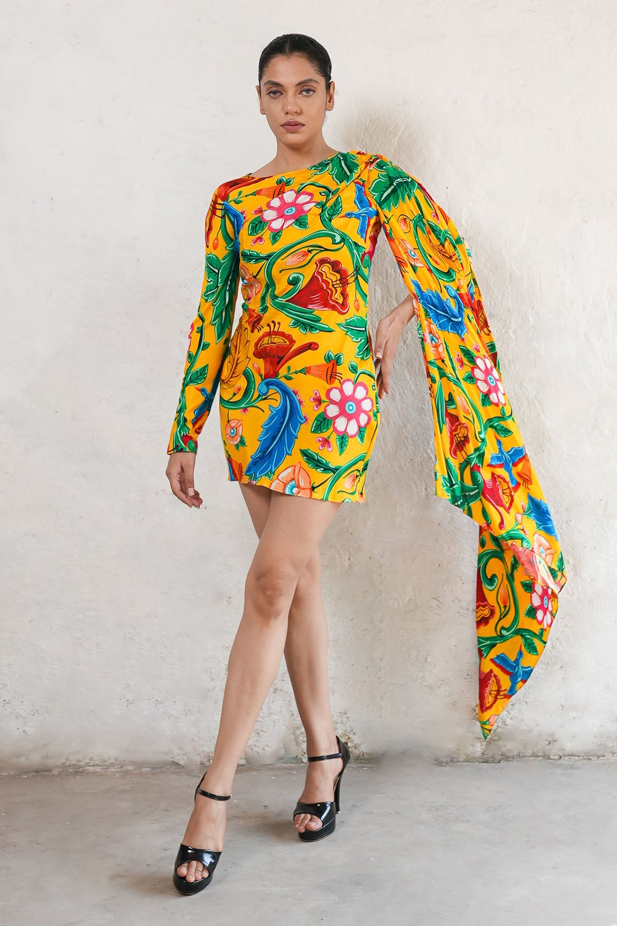 Buy Yellow Mulmul Printed Mini Dress by Saksham Neharicka for women online at ScrollnShops